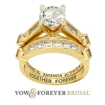 Vow & Forever Personalized Planet Bridal 14K Gold over Sterling Silver Brilliant White Topaz 2 Piece Engraved Wedding Set ,Women's