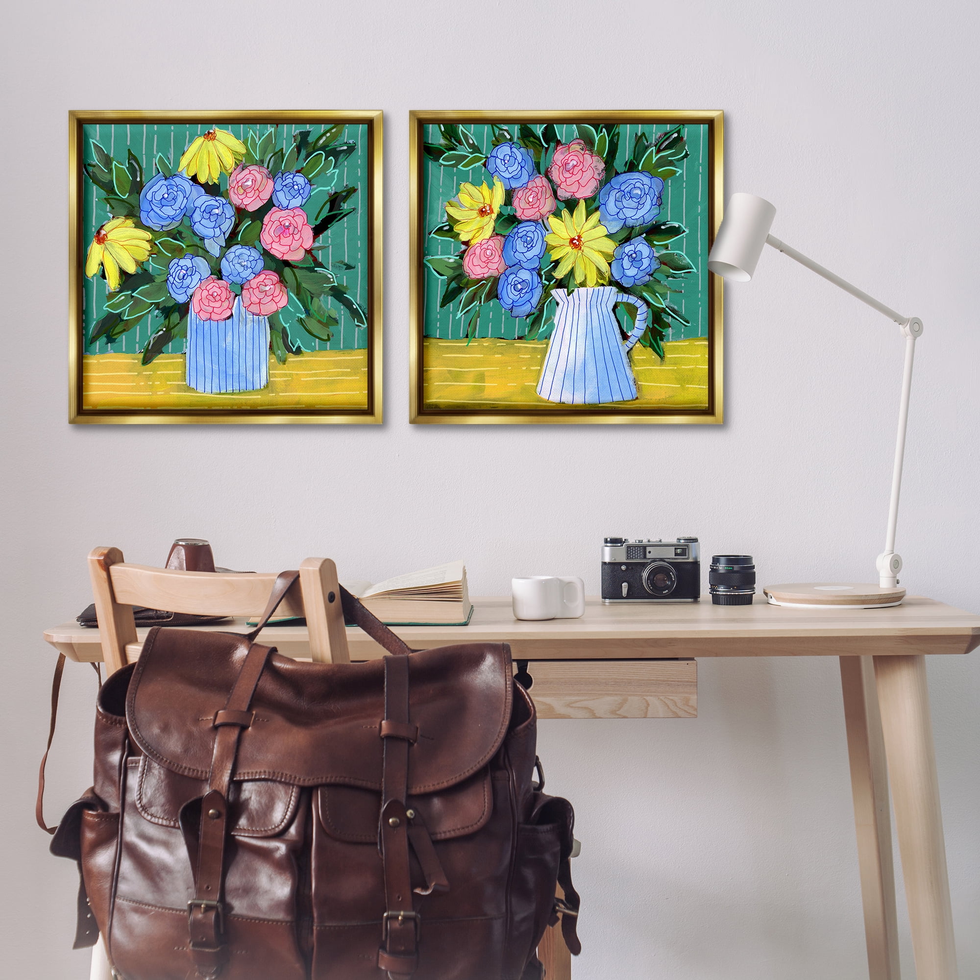 Stupell Industries Bright Flowers on Stripes Plants & Flowers Painting Gold Floater Framed Canvas Art Print Wall Art, 25 x 25, Set of 2
