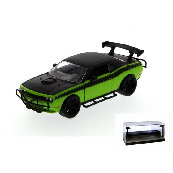 Diecast Car w/LED Display Case - Fast & Furious Letty's 2011 Dodge Challenger SRT8 hard Top, Green with Black - JADA 97232 - 1/24 Scale Diecast Model Toy Car