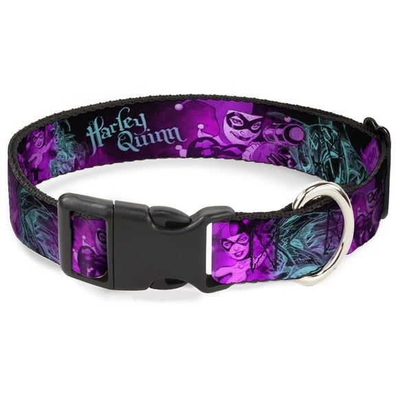 DC Comics Pet Collar, Dog Collar Plastic Buckle, Harley Quinn Pow Aiming Poses Joker Black Turquoise Fuchsia, 7 to 8.5 Inches 0.5 Inch Wide