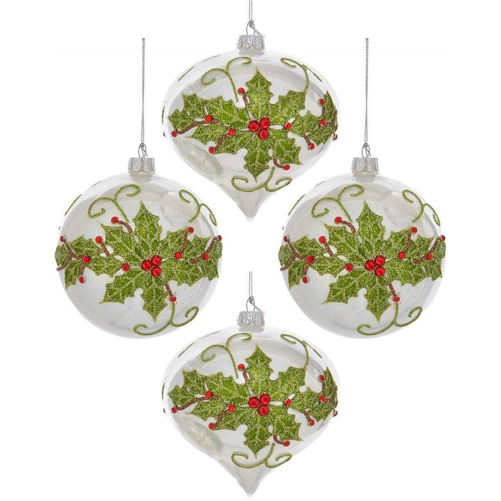 Kurt Adler Glass Holly Design with Red Jewels Ball & Onion Ornaments
