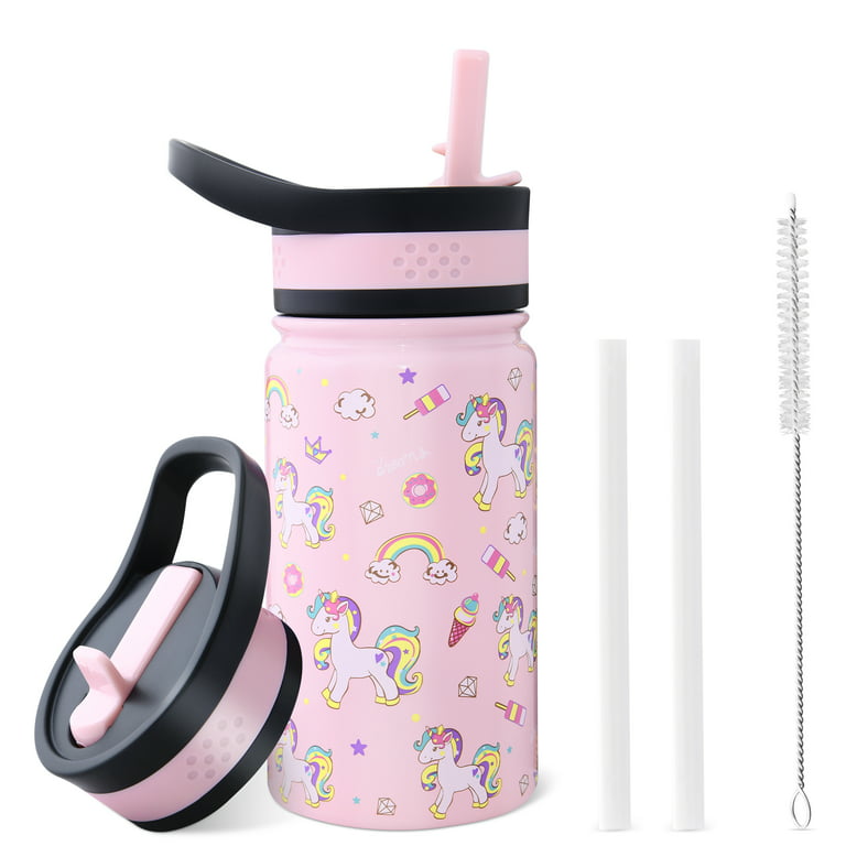 LOCHAS Kids Vacuum Stainless Steel Water Bottle for Toddlers Girls Boys  Outdoor Cup,Insulated Water Bottle with Straw 2 Lids,14oz,Unicorn Print 