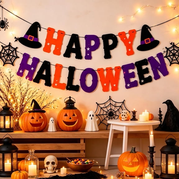BSJJY 2-Pack Halloween Pennant Garland, Witch Hat Spider Web Cutout Bunting, Festive Wording Hanging Banner for Wall, Mantel, Door, Spooky Party Decor