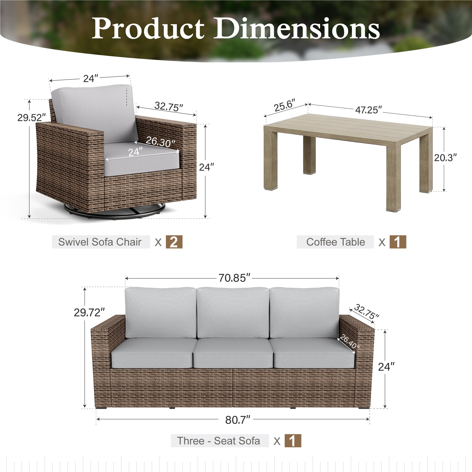 Sophia & William 4 Pieces Patio Furniture Set with Swivel Chairs 5.5" Thick Cushions 5-Seat Wicker Outdoor Conversation Set