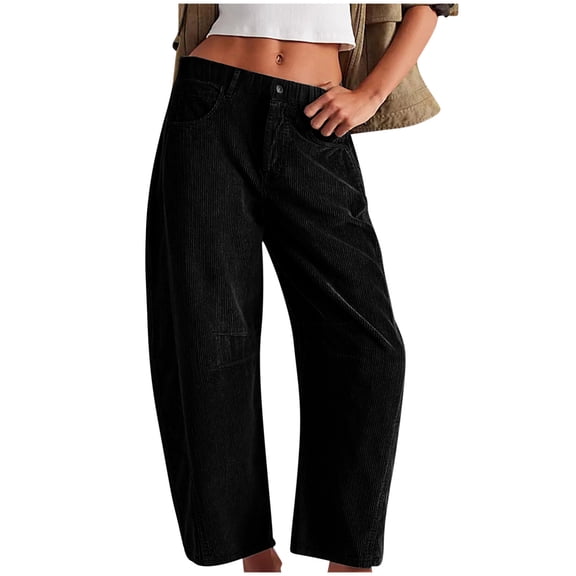 CFMDUC Corduroy Pants for Women Elastic Waist Wide Leg Barrel Pants Vintage Casual Baggy Trouser with Pockets Black XL