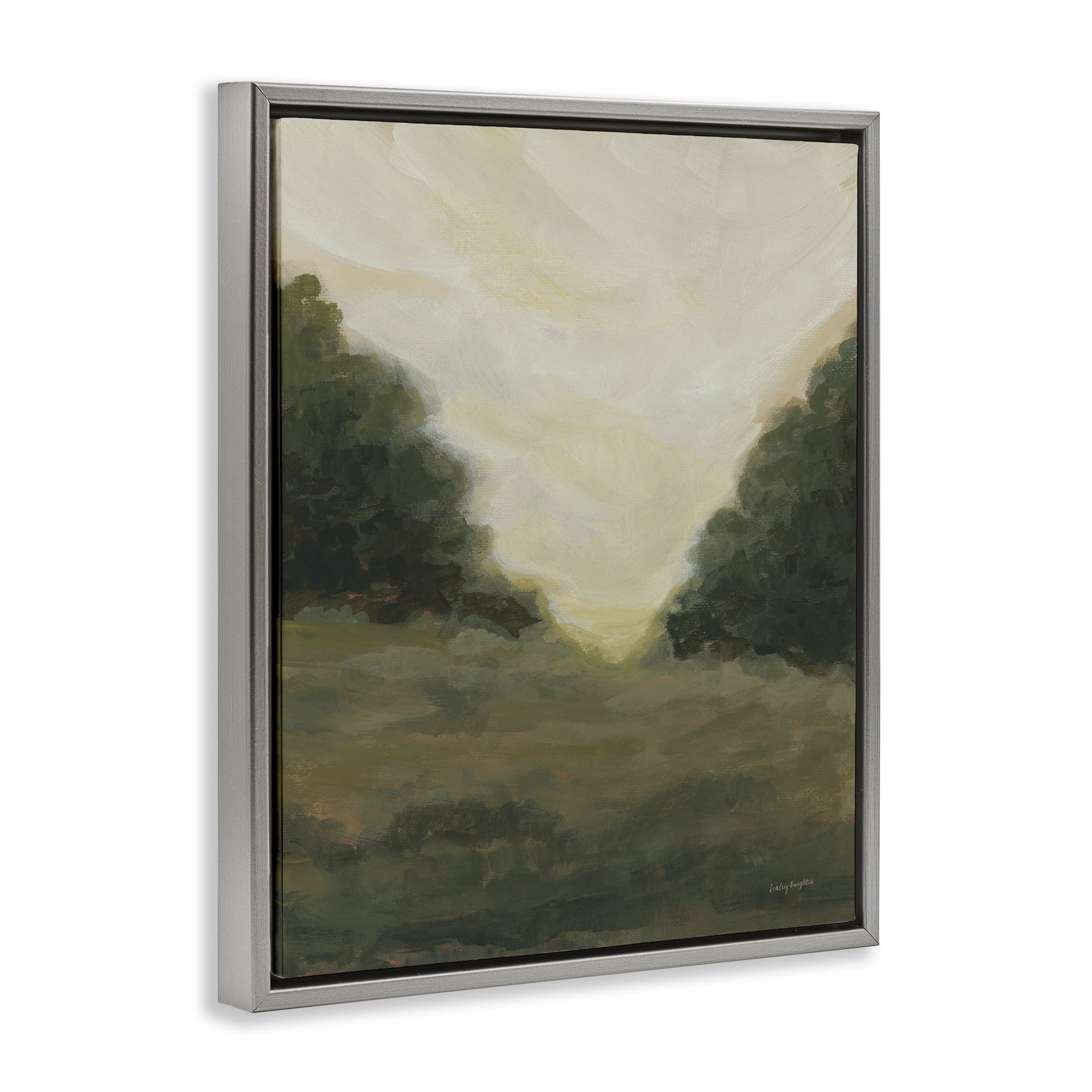 Stupell Industries Serene Green Field View Landscape Painting Gray Floater Framed Art Print Wall Art, 25 x 31