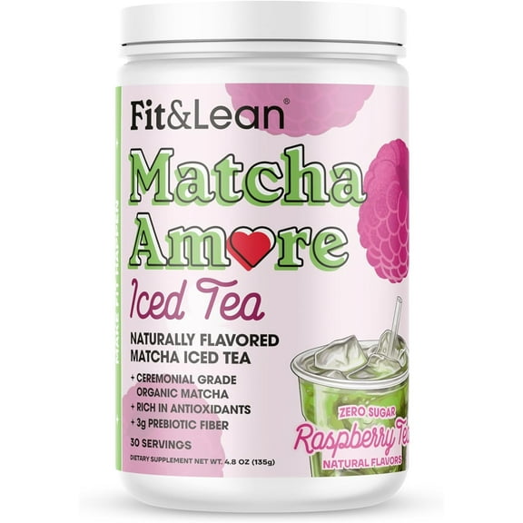 Fit & Lean Matcha Amore Iced Tea, Fruit-Inspired Naturally Flavored Organic Ceremonial Grade Matcha Green Tea, Naturally Sweetened, NON-GMO, Zero Sugar, Raspberry Iced Tea, 30 Servings