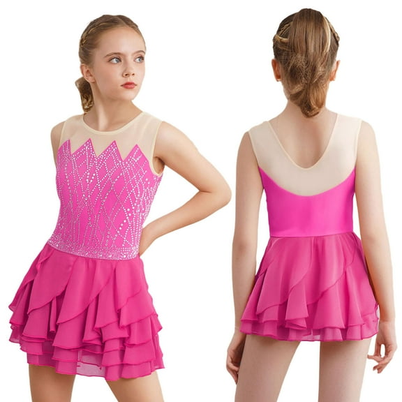 Aislor Girls Sleeveless Figure Ice Skating Jazz Latin Ballet Leotard Dress Ruffle Skirt Performance Hot Pink 14