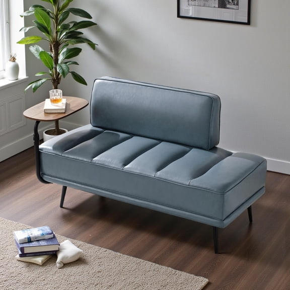GZXS Modern Upholstered Bench with 360-Degree Swivel Tray, 55" Channel Tufted PU Leather Bench with Backrest & Metal Legs for Living Room,Entryway,Foyer (Gray)