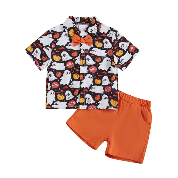 Conjunto de ropa de Halloween para niños pequeños: pajarita, fantasma, estampado de calabaza, camisa de manga corta con cuello vuelto y pantalones cortos (2 piezas).