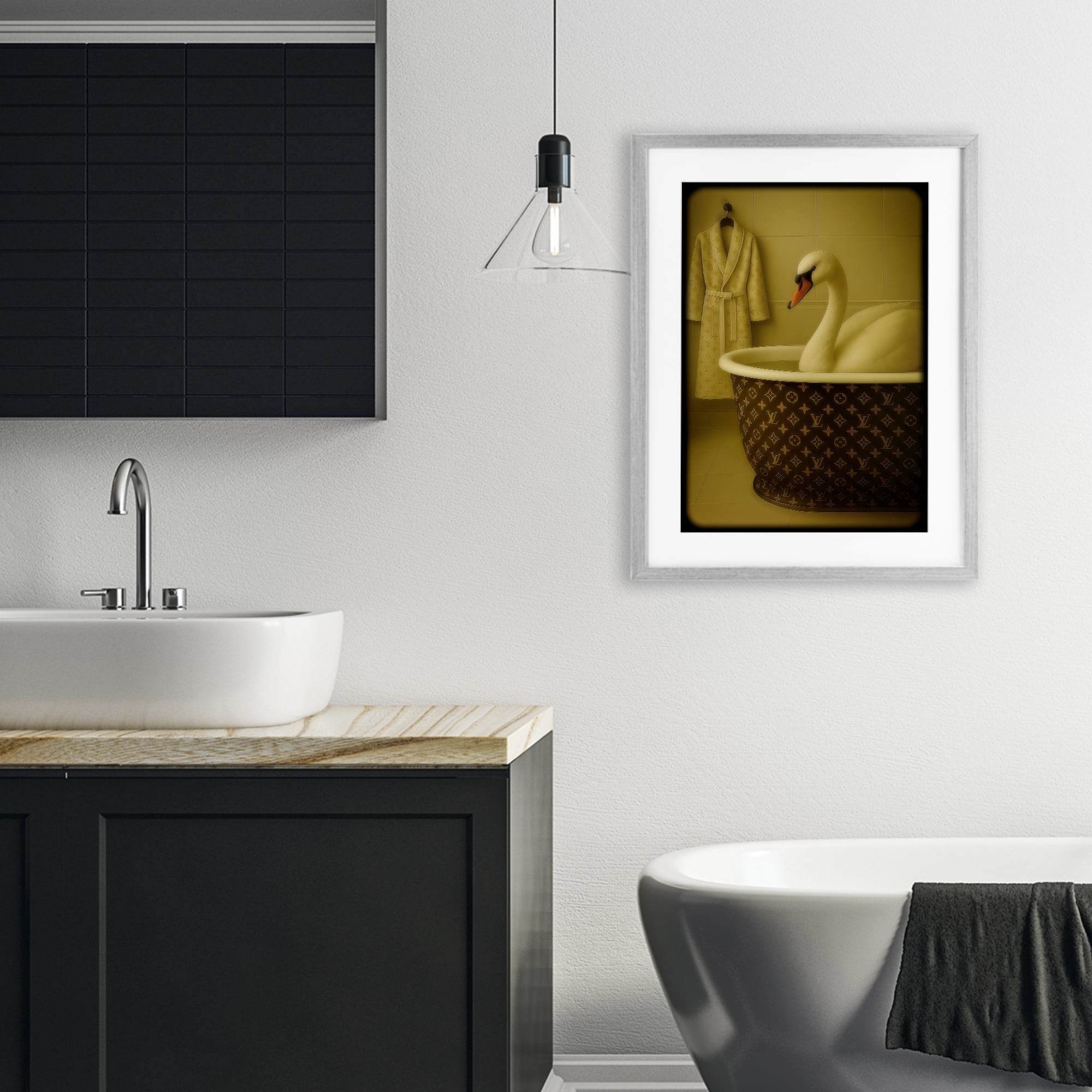 Stupell Industries Couture Swan in Luxury Tub Gray Framed Print Under Glass, design by Grotto Studios