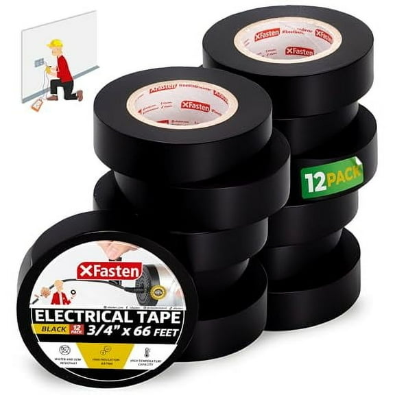 XFasten Electrical Tape Black 3/4 Inch x 66 Feet 12-Pack