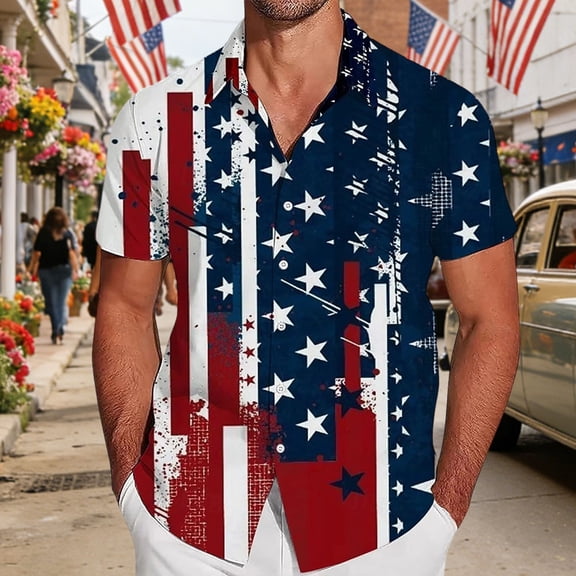 Mens 250th Anniversary USA Shirt Short Sleeve Button Down Shirts Independence Days Top Red L