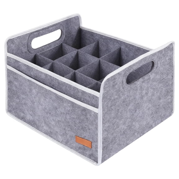 12 Bottle Wine Carrier, Felt Wine Bag, 15 x 12.6 x 10.6 in / 38 x 32 x 27 cm, with Removable Dividers, Side Pockets, Collapsible Wine Bottle Storage Box, Light Gray