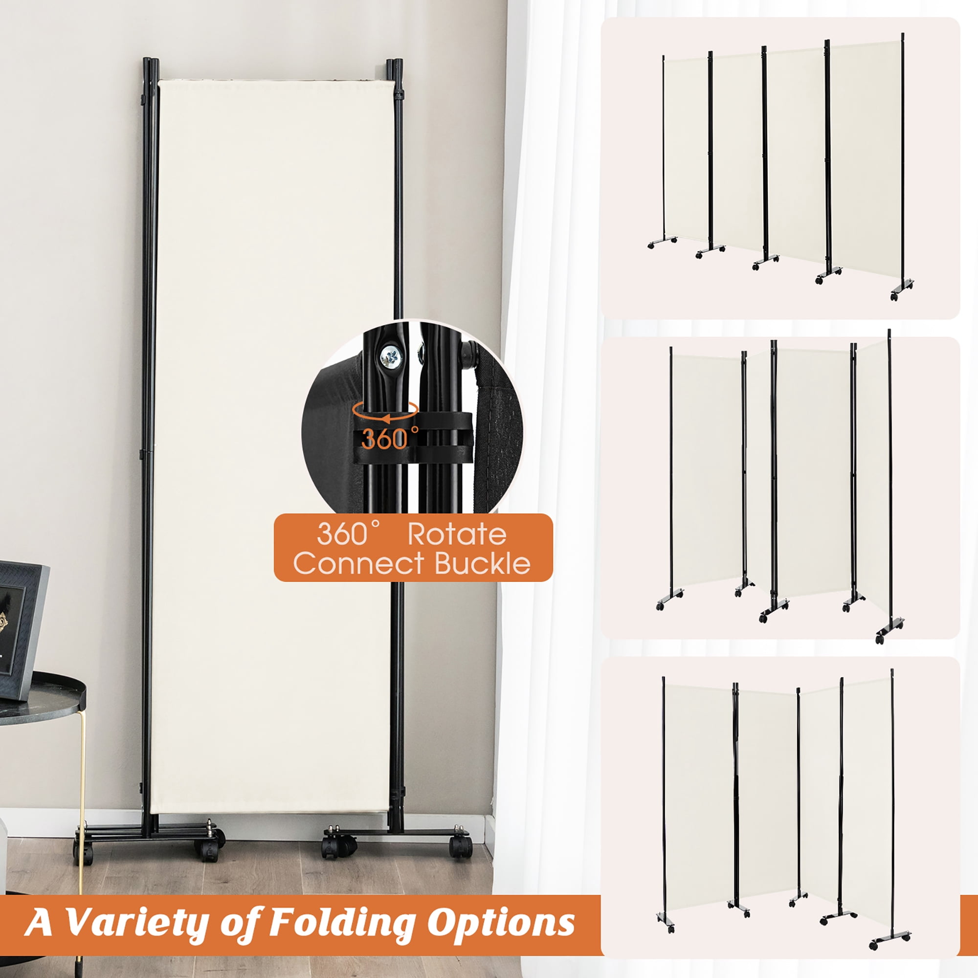 Costway 4-Panel Folding Room Divider 6FT Rolling Privacy Screen with Lockable Wheels White