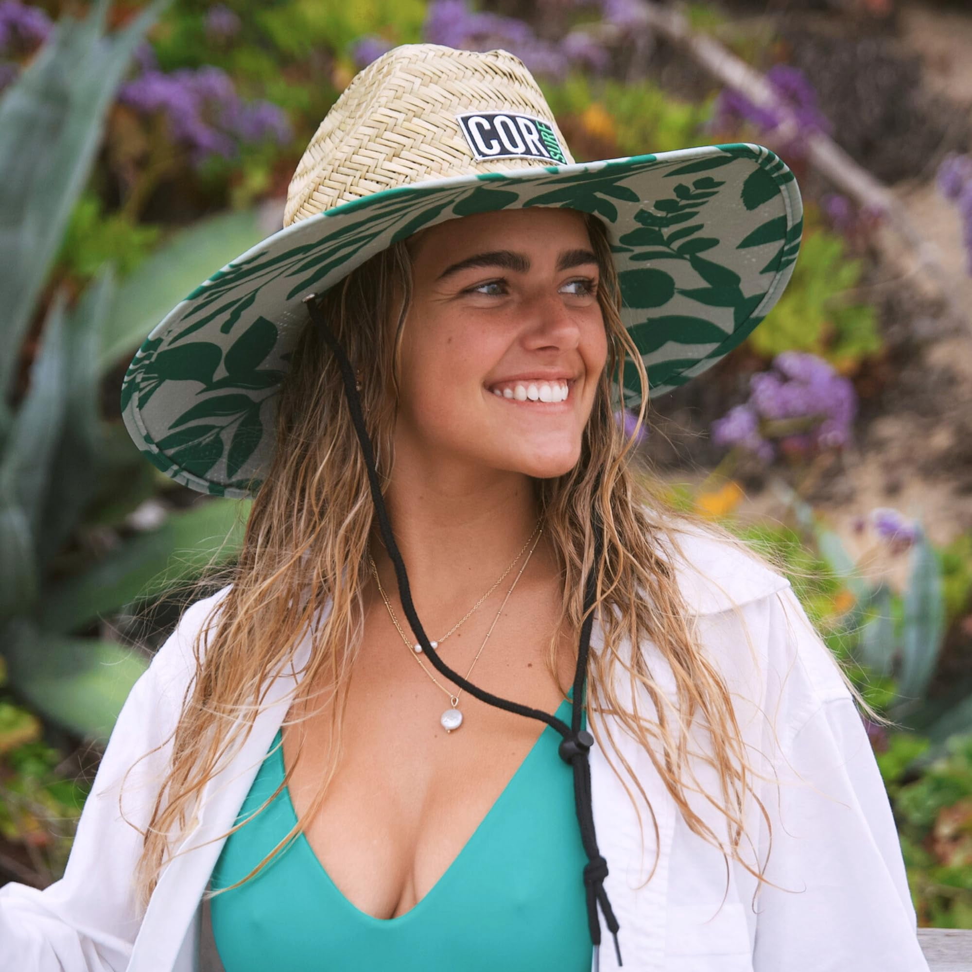 Straw Beach Hat - UPF 50+ Cotton Patriotic Under Brim Lifeguard - Drawstring Fit - Medium