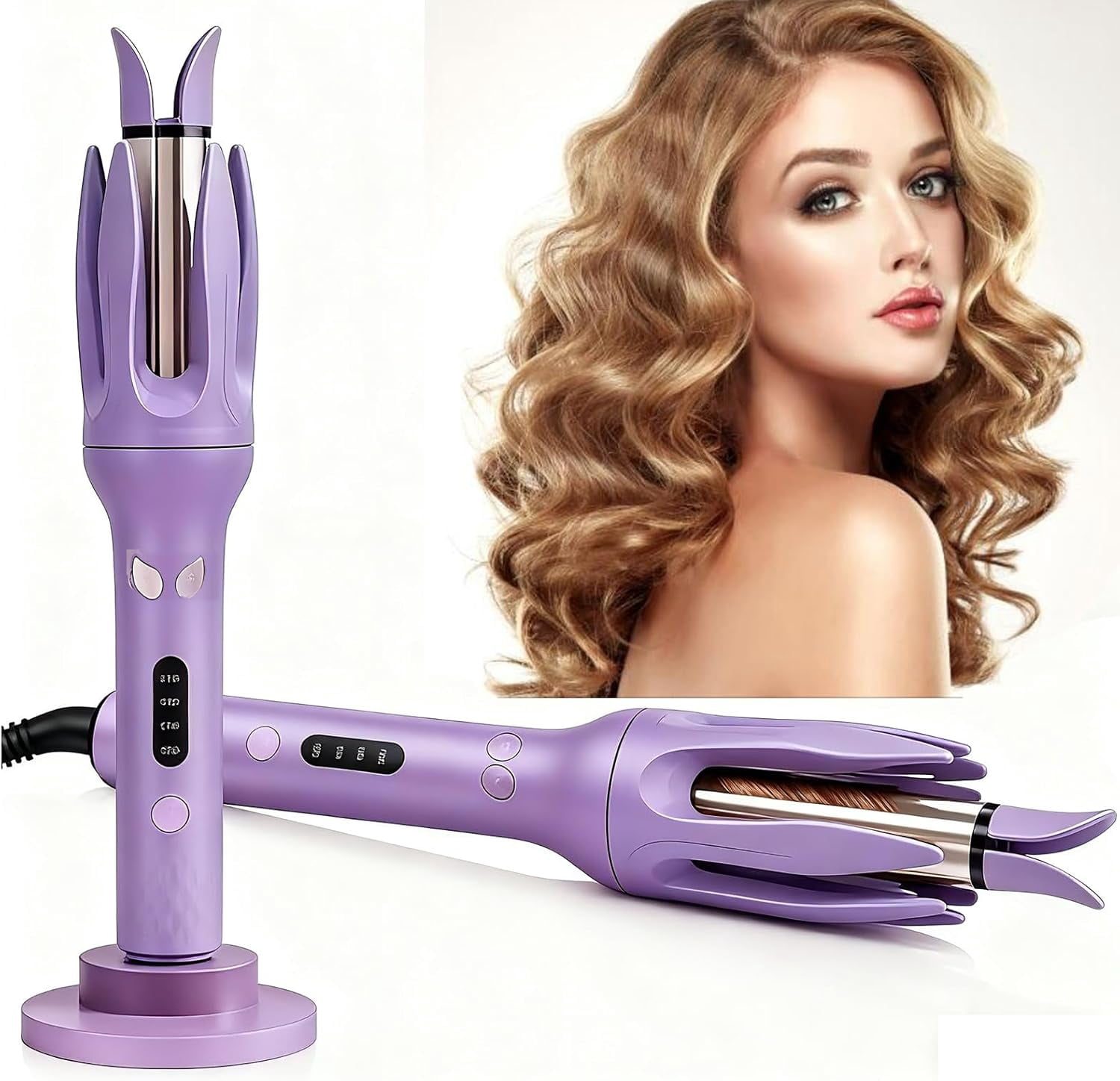 Automatic Curler,1-Inch Auto-Rotating Curling Iron with LCD Screen,Anti-Scald,Tangle-Free,Auto Shut-Off, 4 Temps & 15s Timer for All Hair Lengths (Purple)