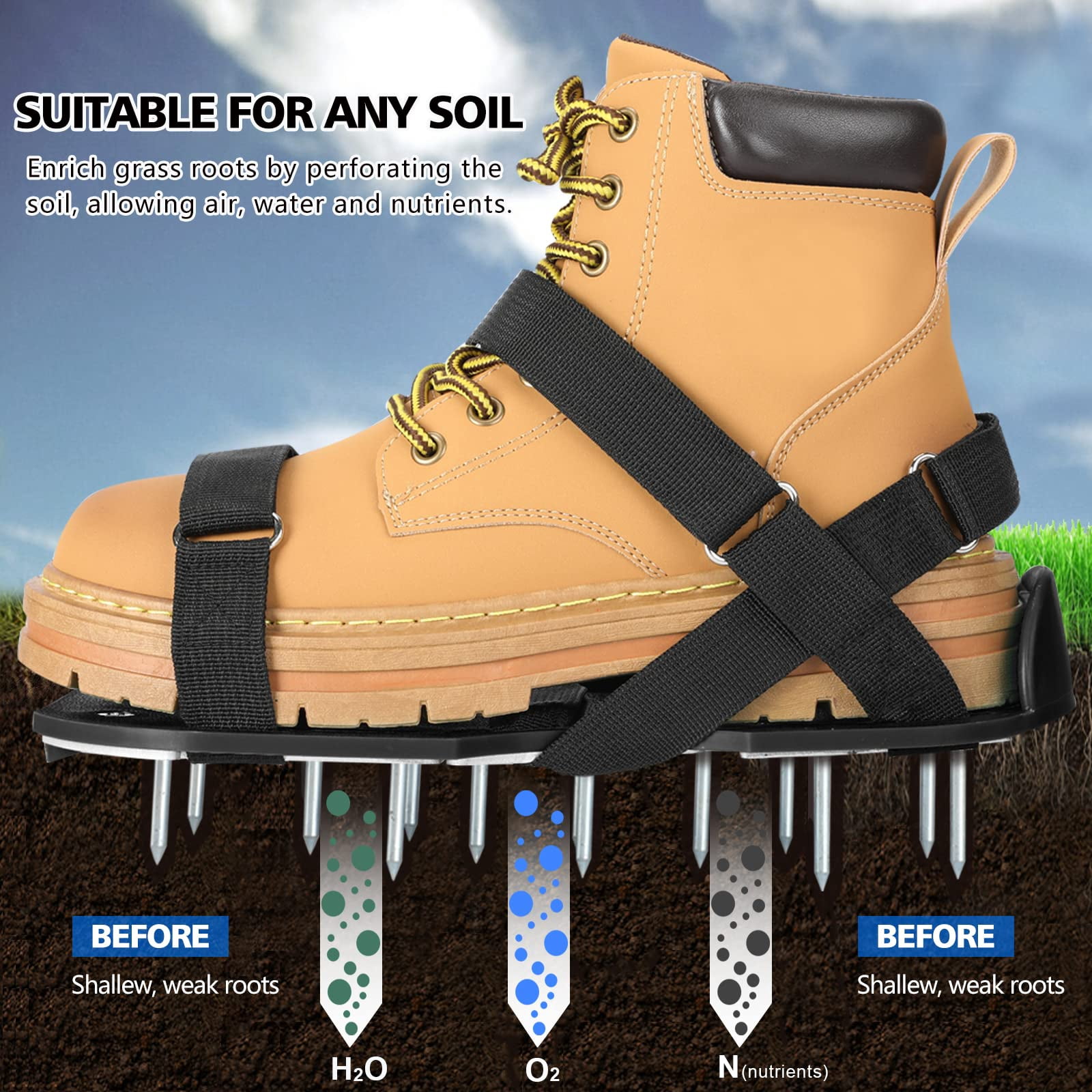Lawn Aerator Shoes For Grass - Pre-assembled Soil Yard Tool Aerating Patio Garden  Black Medium