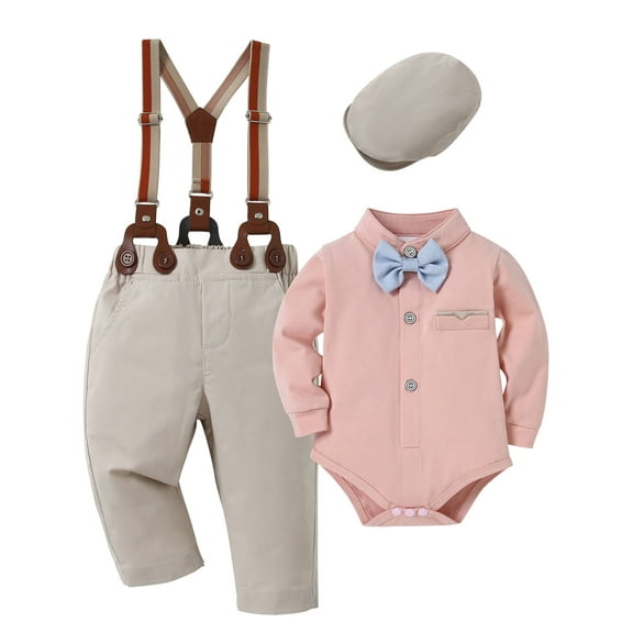 CARETOO Baby Boy Suit Clothes 0-18M Infant Formal Outfits Long Sleeve Suspender Pants Bowtie Hat Set