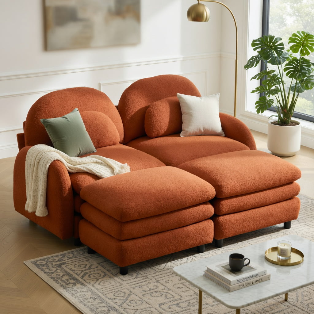 Hommoo Teddy Fleece 2-Seat Modular Sofa Set in Vibrant, Cloud-Like Double-Layer Cushions, Curved Backrest & Armrests, Includes 2 Movable Ottomans & Lumbar Pillows, Orange