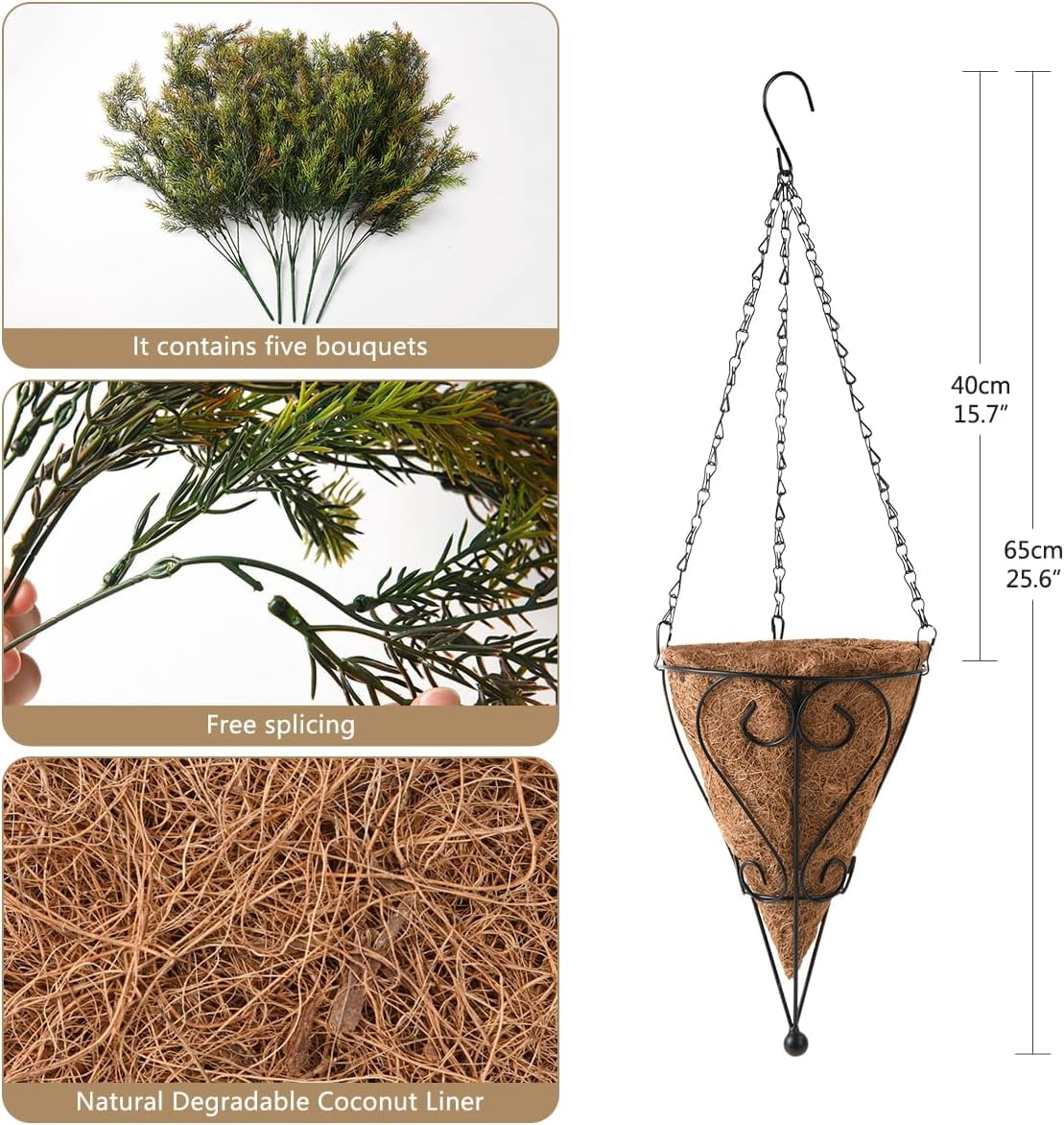 Artificial Hanging Plants in Basket Fake Hanging Eucalyptus with Coconut Lining Chain Palm Flowerpot Hanging Plant Outdoor UV Resistant Plastic Plants(Eucalyptus)
