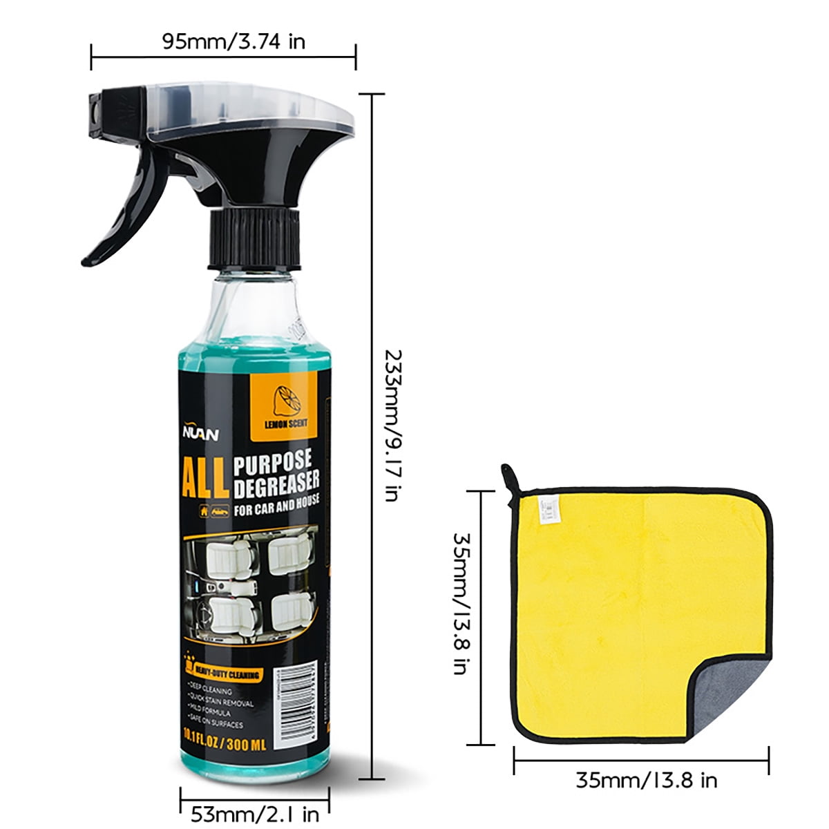 NUAN All Purpose Degreaser for Car and House, Lemon Scent, Heavy-Duty Cleaning Spray, Quick Stain Removal, 10.1 fl oz/300 ML