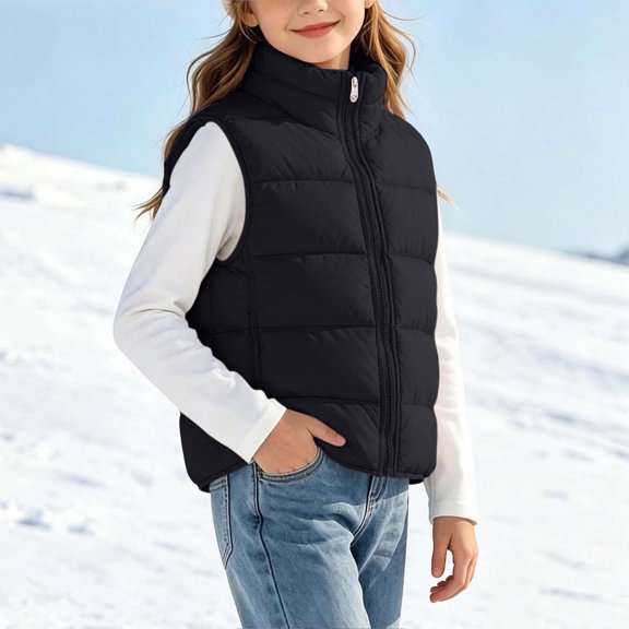 vokkrv Kids Solid Color Zip Up Sleeveless Jacket, Wind Resistant Warm Casual Outerwear, Fashion Daily Coat for Boys Girls Winter Outdoor Activities Black 11-12 Years