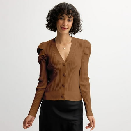 Women's Catherine Malandrino Button Front Ribbed Cardigan Sweater Color: Cognac Size: SMALL