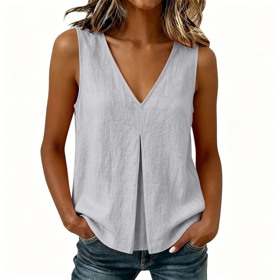 jjayotai Cotton Tank Tops for Women Summer Sleeveless Tops Pleated Front V Neck Shirts Dressy Casual Work Blouse