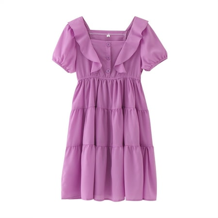 

Girls Dress Toddler Kids Neck Short Sleeves Casual Soild Maxi Sundress