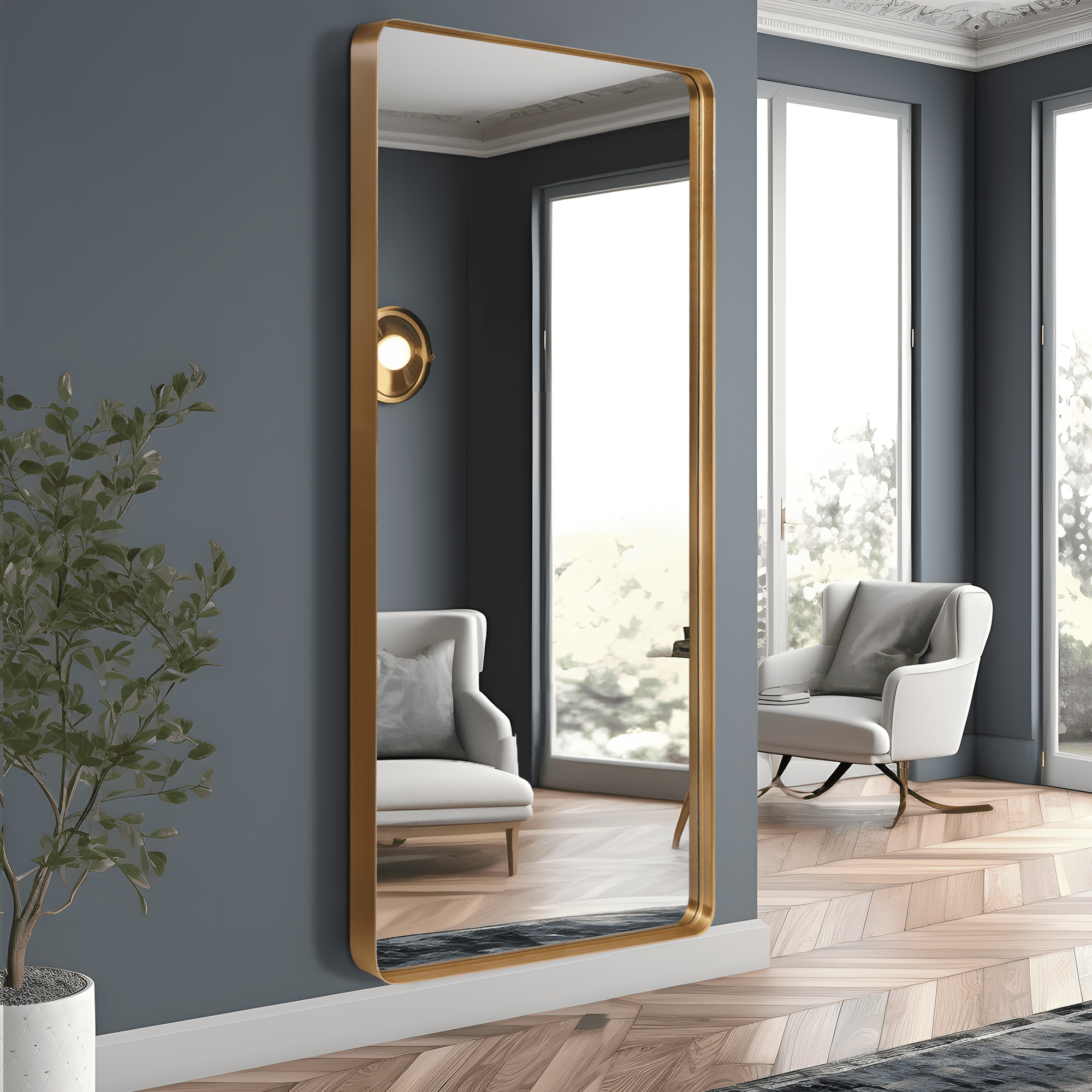 71"x32" Aluminum Alloy Wall Mount Rounded Corner Rectangular Mirror,Gold no stand