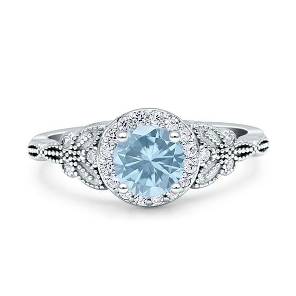 Art Deco Round Women Engagement Ring Simulated Aquamarine 925 Sterling Silver
