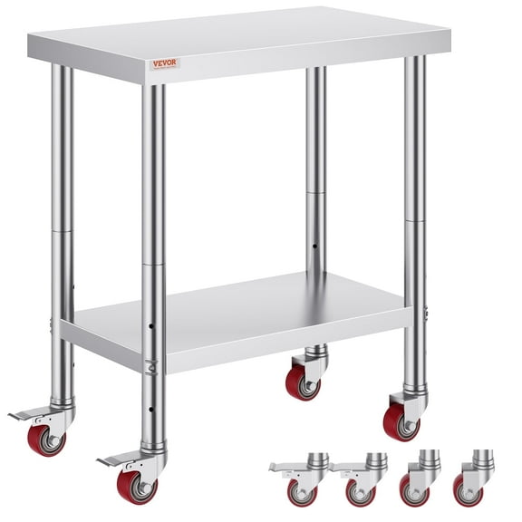 VEVOR Stainless Steel Work Table 30 x 18 x 34 Inch, 700 LBS Load Capacity with 4 Wheels, 3 Adjustable Height Levels, Heavy Duty Food Prep Worktable for Commercial Kitchen Restaurant, Silver
