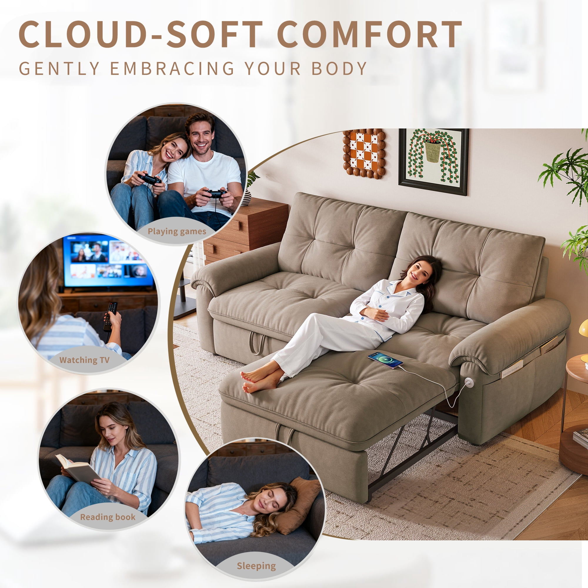 LLappuil 77" Pull Out Sofa Bed Queen Size, Loveseat Sofa Convertible Sleeper Sofa Bed, Flannelette Fabric Sofa Couch for Living Room Brown