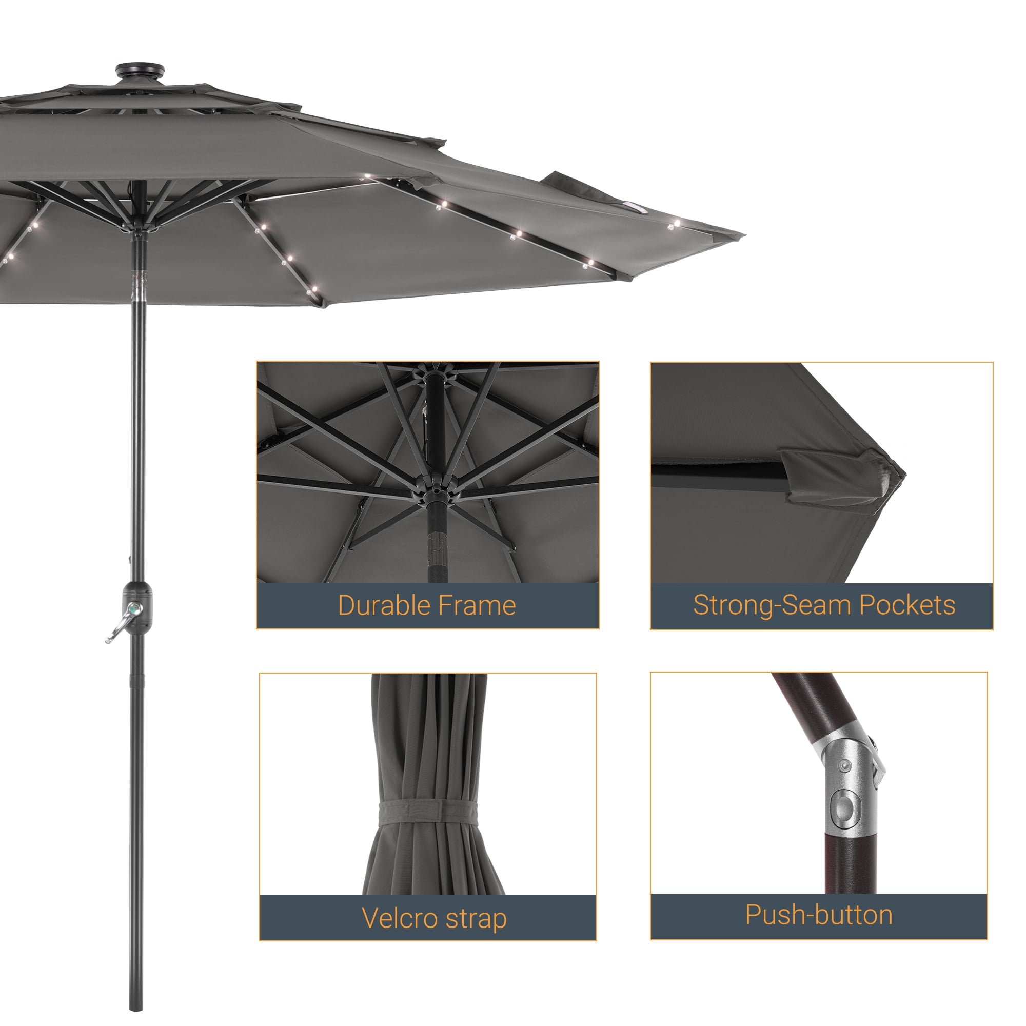 ACEGOSES 10ft LED 3 Tiers Patio Market Umbrella Outdoor with Ventilation for Garden, Deck and Pool,Gray