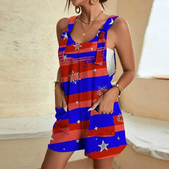 Edvintorg 4Th Of July Women's Casual Tie Knot Overall Shorts Loose Fit Bib Pants Summer Shortalls with Pockets Womens Clothing Fashion Print Casual Sleeveless Suspender Short Jumpsuit