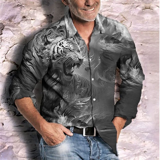 Camisa de moda para hombre con estampado de tigre en color degradado HD suave cómoda y ligera con botones en la parte superior para exteriores talla grande