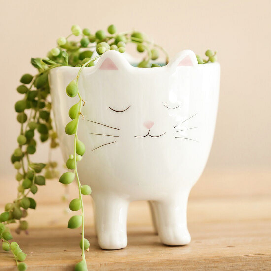 SparkDazzle 11.75” x 14.75” Standing Cat White Ceramic Animal Print Plant Planter