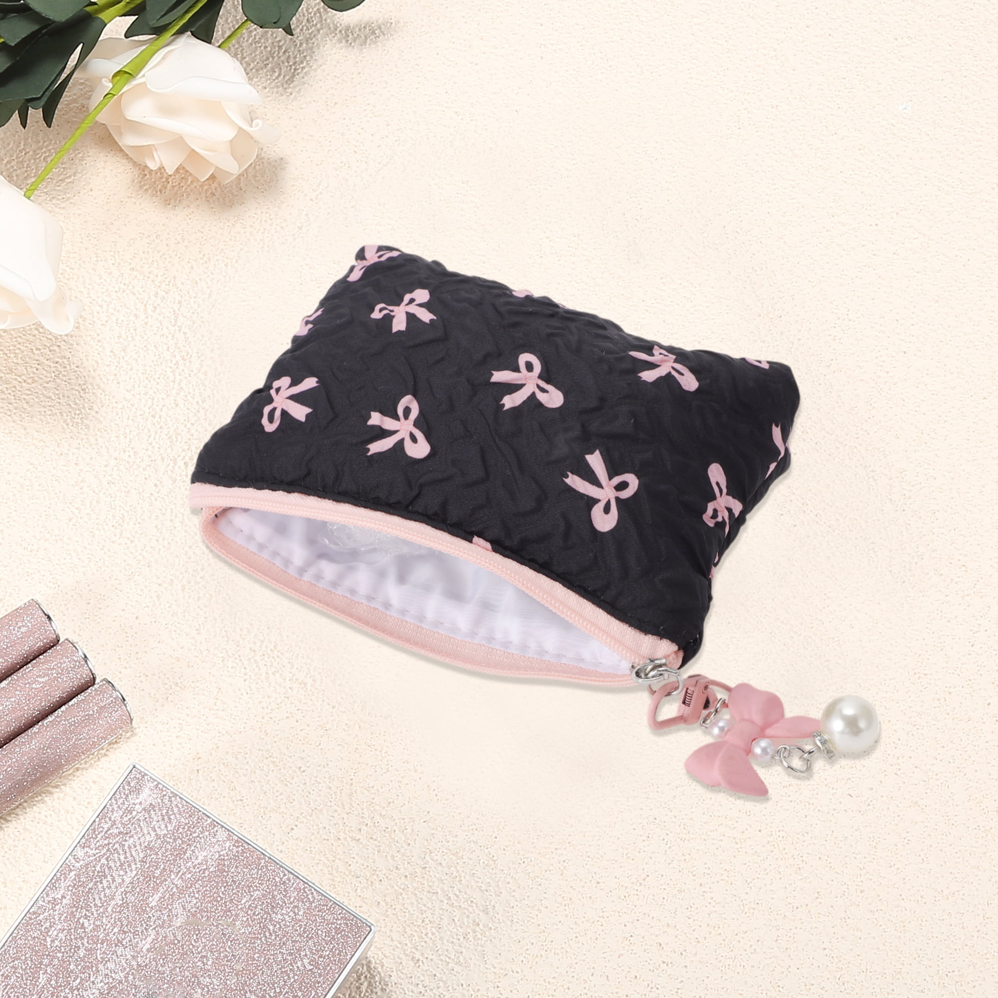 Unique Bargains 1 Pc Dumpling Bag With Pendant Bow Makeup Bag Black, Pink