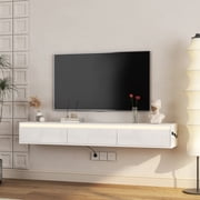 Aukfa Modern Floating TV Stand for TVs up to 65" 70",Wall Mounted High Gloss Entertainment Center W/ LED Lights & Power Outlet,White