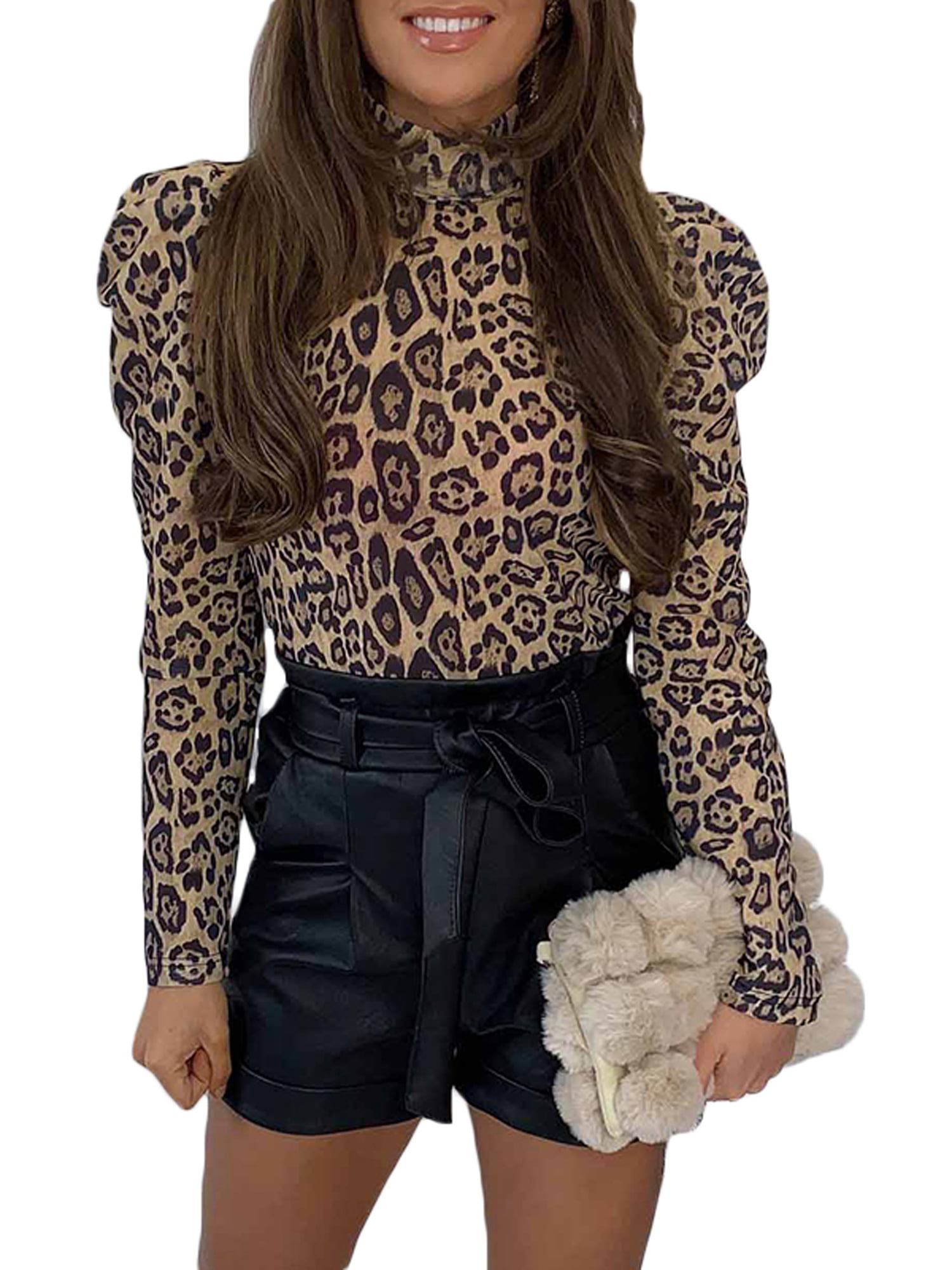Lallc Women S Leopard Print High Neck T Shirt Long Sleeve Slim Fit Blouse Work Tops Walmart