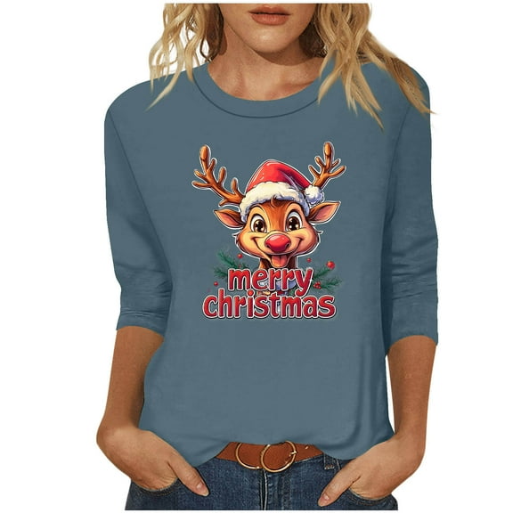 Womens Christmas Shirts 3/4 Length Sleeve TShirts Casual Christmas Graphic Printed Blouses Crewneck Tunic Tops Loose Pullover Top