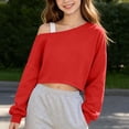 thumbnail image 6 of Girls off Shoulder Cropped Sweatshirt, Oversized Drop Shoulder Long Sleeve Pullover Tops for Loungewear Casual Daily Streetwear Red 14-15Y, 6 of 9