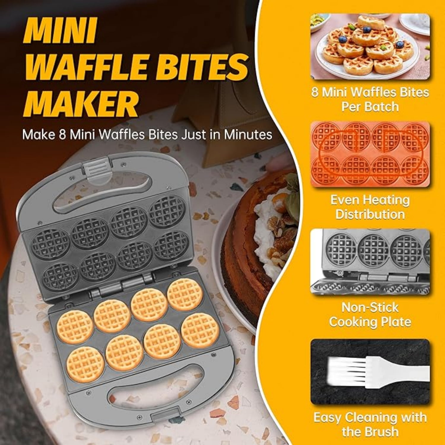 Mini Electric Waffle Maker 8-Count 2" Tiny Bites Non-Stick for Breakfast Dessert Snacks