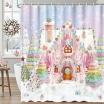 Enchanting Dream Christmas Candy House Macaron Christmas Tree Design Bath Towel and Bath Curtain Set, No-Drill Installation for Easy Setup in Your Bathroom Pink