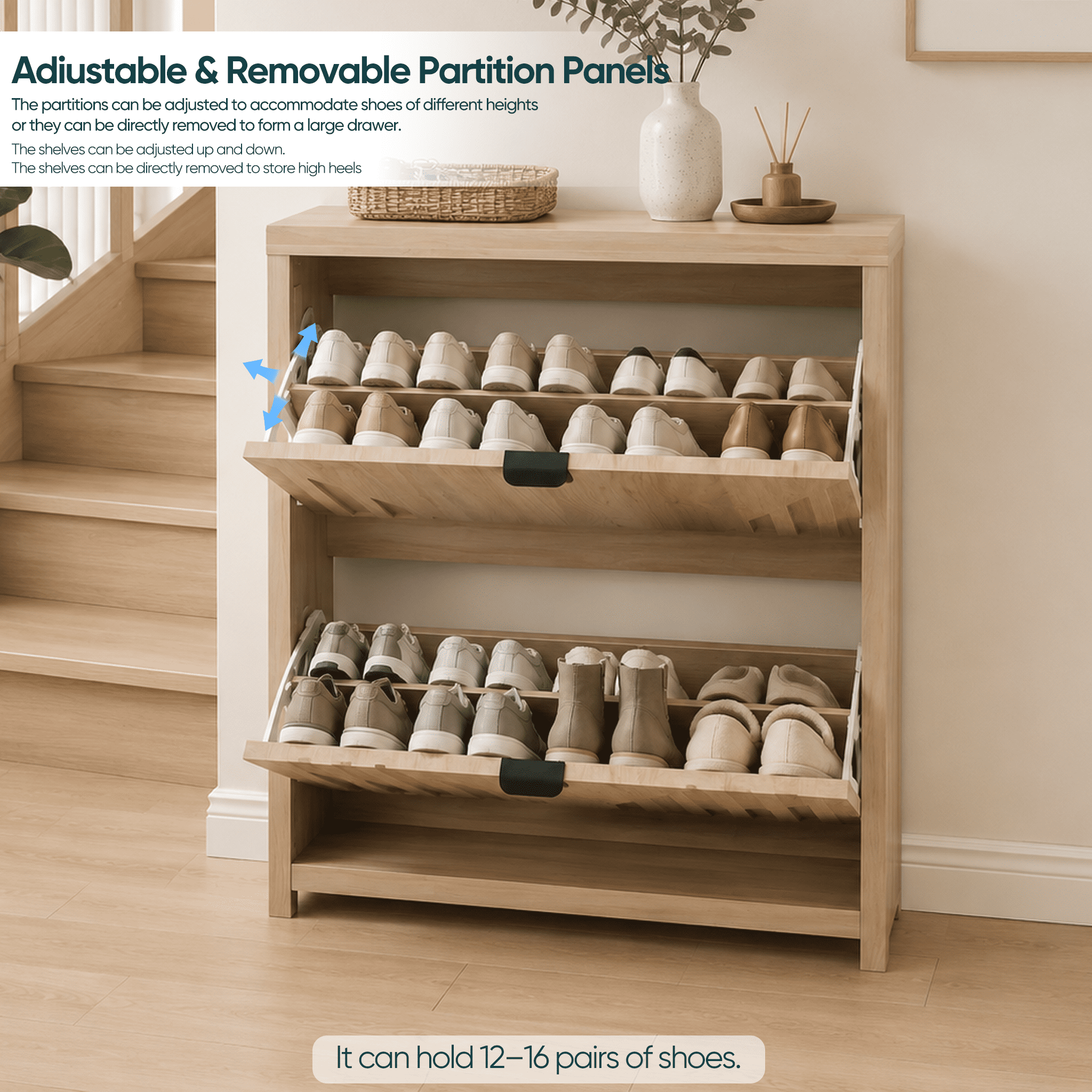31.5 Inch Oak Flip-Down Shoe Cabinet with Vertical Carved Panels, Large Capacity Dustproof Freestanding Entryway Shoe Rack Holds 12-16 Pairs for Hallway Foyer