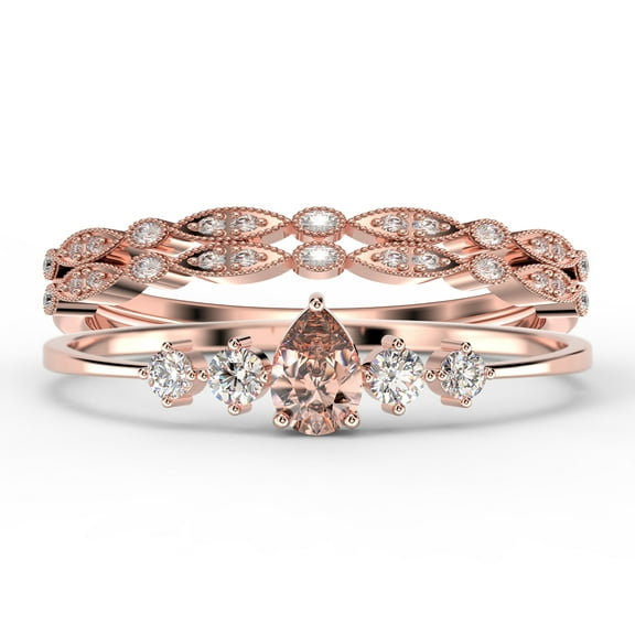 Dazzling Minimalist 2.05 Carat Pear Cut Morganite And Diamond Moissanite Classic Engagement Ring, Affordable Wedding Ring in 10k Solid Rose Gold, Gift For Her, Promise Ring, Trio Set, Matching Band