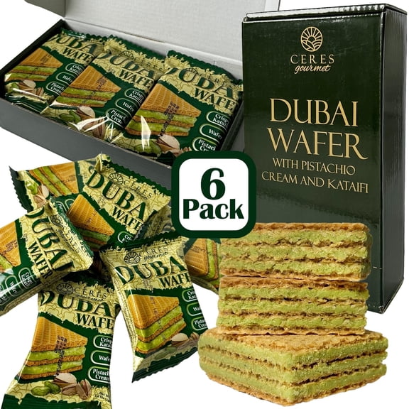 Ceres Gourmet Dubai Chocolate Pistachio Wafers (9oz) - 6 Count, Crispy Kunafa Pistachio Chocolate Bars, Individually Wrapped Wafer Snack