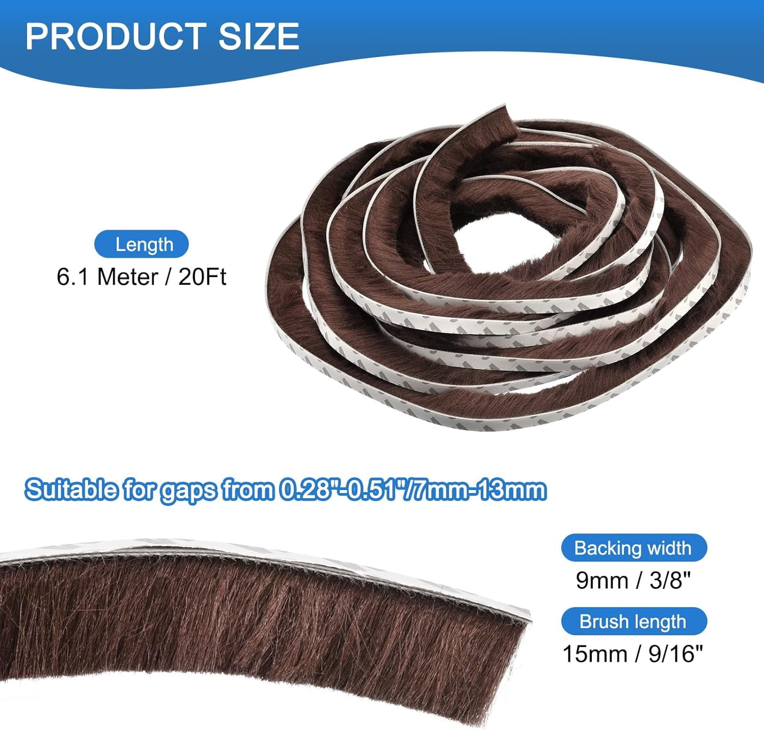 FRKSMD-Brush Weather Stripping, 3/8" Backing x 9/16" Brush x 20ft Felt Pile Door Seal Strip for Sliding Door Window Wardrobe - Self-Adhesive Brown (Windproof Dustproof Soundproof)