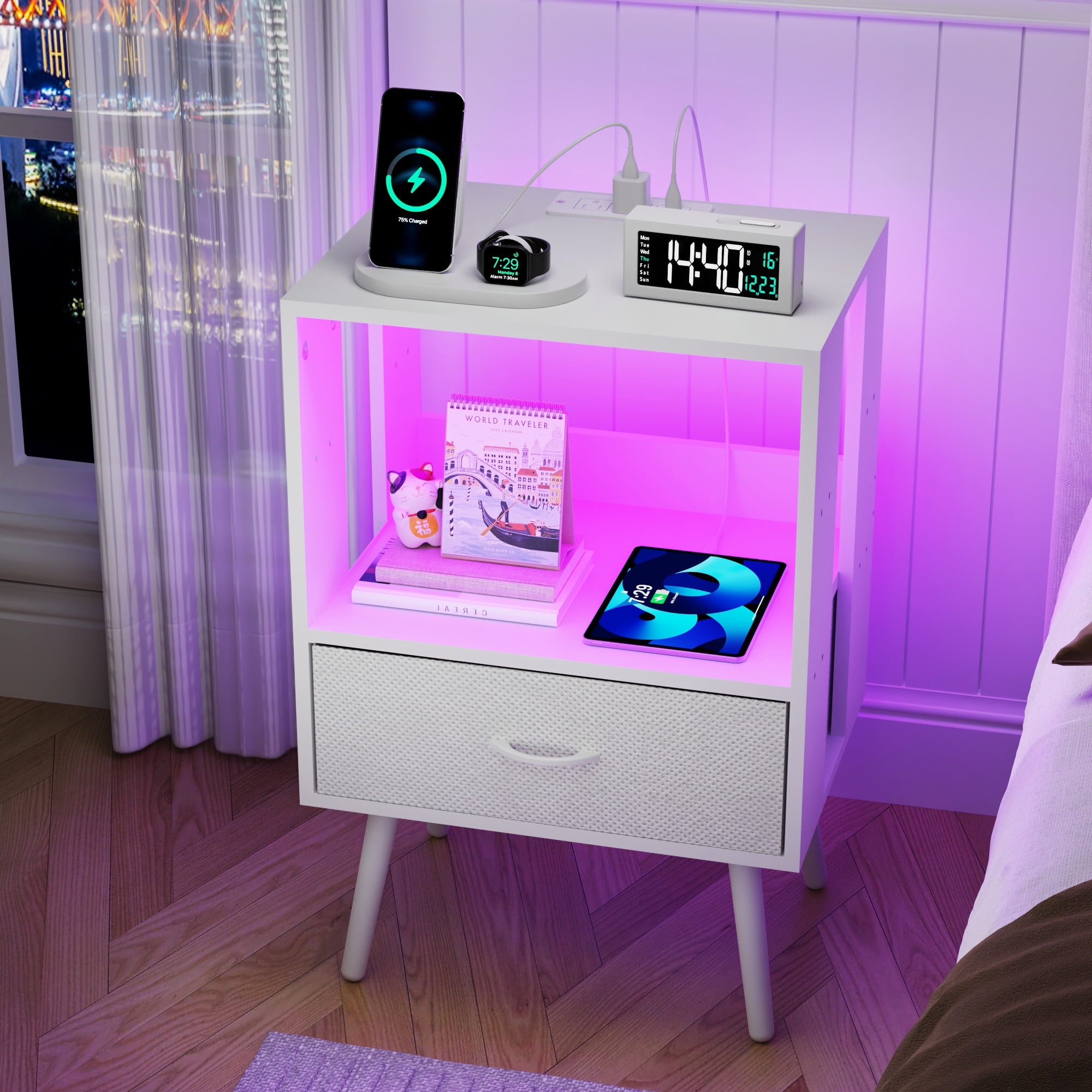 Nightstand Set of 2, Holaki Nightstand with Charging Station for Bedroom, Night Stand with LED Light & Fabric Drawers, Dresser Bedside Table for Living Room, White